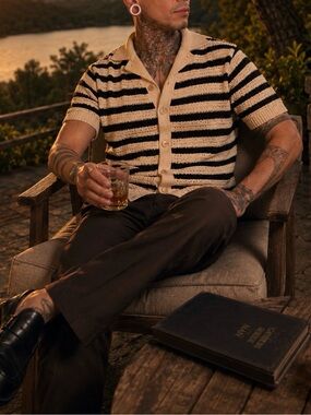 Goodfellow & Co Cream and Black Striped Knit Polo Cardigan